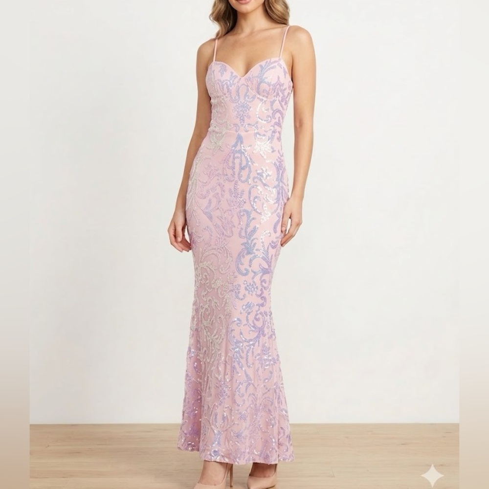 🌸 NWT Lulu's Discontinued Sequin Light Pink Mermaid Gown Maxi Dress 🌸 Y2K Glam